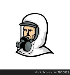 Mascot icon illustration of bust of a healthcare worker, medical professional, nurse, doctor, or essential worker wearing a PPE, protective personal equipment face mask looking to side retro style.. Healthcare Worker Wearing Face Mask Mascot