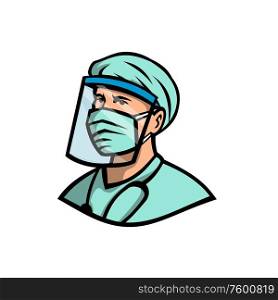 Mascot icon illustration of bust of a medical professional, nurse, doctor, healthcare or essential worker wearing a PPE, protective personal equipment face mask on isolated background in retro style.. Medical Professional Wearing Face Mask Mascot
