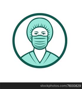 Mascot icon illustration of bust of a medical professional, nurse, doctor, healthcare or essential worker wearing a surgical face mask and bouffant nurse cap front view set in circle done retro style.. Nurse Wearing Surgical Mask Icon