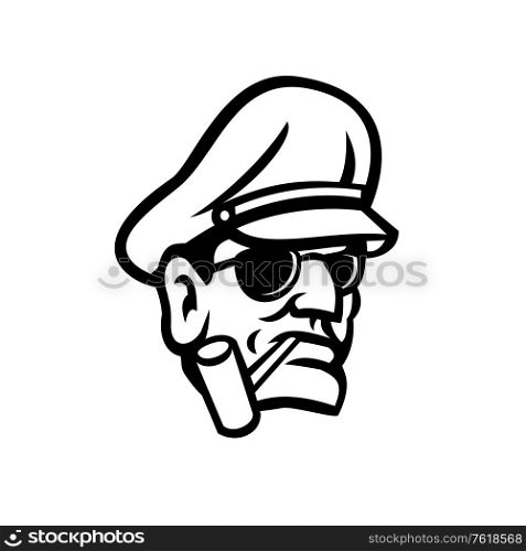 Mascot icon illustration of bust of a military army general smoking a pipe viewed from front on isolated background in retro black and white style.. Army General Head Smoking Pipe Sport Mascot Black and White