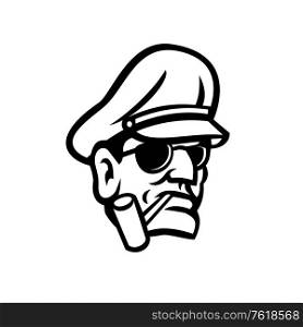 Mascot icon illustration of bust of a military army general smoking a pipe viewed from front on isolated background in retro black and white style.. Army General Head Smoking Pipe Sport Mascot Black and White