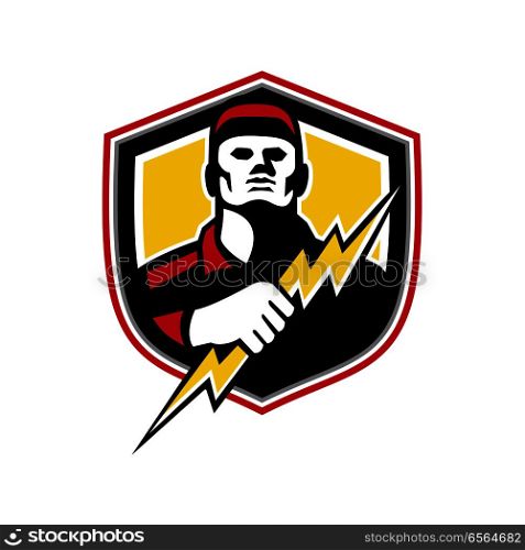 Mascot icon illustration of bust of a power lineman or electrician holding a thunderbolt or lightning bolt viewed from front set inside crest or shield on isolated background in retro style.. Electrician Thunderbolt Crest Mascot