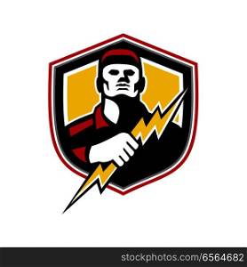 Mascot icon illustration of bust of a power lineman or electrician holding a thunderbolt or lightning bolt viewed from front set inside crest or shield on isolated background in retro style.. Electrician Thunderbolt Crest Mascot
