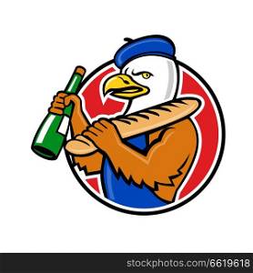Mascot icon illustration of bust of an American bald eagle wearing a French beret holding a baguette and bottle of wine set inside circle on isolated background in retro style.. Bald Eagle Baguette Wine Circle Mascot