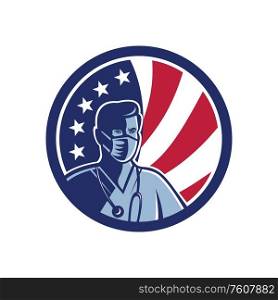 Mascot icon illustration of bust of an American male nurse,medical professional, doctor, healthcare worker wearing a surgical mask with USA stars and stripes flag set in circle done in retro style.. Male Nurse Wearing Surgical Mask USA Flag Mascot