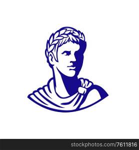 Mascot icon illustration of bust of an ancient Roman emperor, senator or Caesar, ruler of the Roman Empire during the imperial period wearing crown of laurel leaves looking to side in retro style.. Ancient Roman Emperor Looking Side Mascot