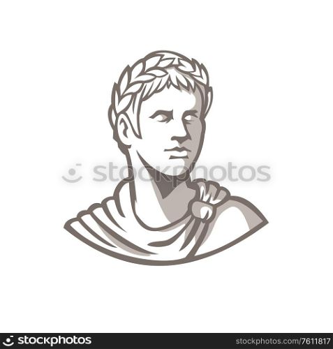 Mascot icon illustration of bust of an ancient Roman emperor, senator or Caesar, ruler of the Roman Empire during the imperial period wearing crown of laurel leaves on isolated background retro style.. Ancient Roman Emperor Bust Mascot