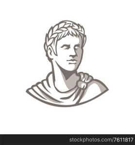 Mascot icon illustration of bust of an ancient Roman emperor, senator or Caesar, ruler of the Roman Empire during the imperial period wearing crown of laurel leaves on isolated background retro style.. Ancient Roman Emperor Bust Mascot