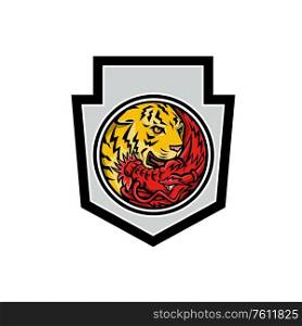 Mascot icon illustration of Chinese red dragon and tiger eye inside yin yang symbol shape viewed from front set inside circle on isolated background in retro style.. Dragon and Tiger in Yin Yang Symbol Crest Mascot