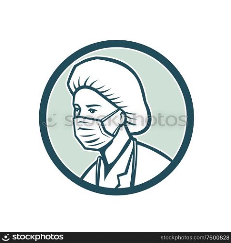 Mascot icon illustration of head a nurse, medical professional, doctor, healthcare or essential worker wearing a PPE, protective personal equipment surgical mask on isolated background in retro style.. Nurse Wearing Surgical Mask Mascot