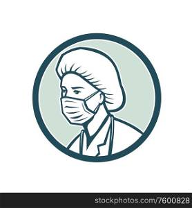 Mascot icon illustration of head a nurse, medical professional, doctor, healthcare or essential worker wearing a PPE, protective personal equipment surgical mask on isolated background in retro style.. Nurse Wearing Surgical Mask Mascot