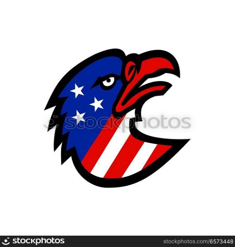 Mascot icon illustration of head of a bald eagle with star spangled banner, stars and stripes American flag inside it viewed from side looking up on isolated background in retro style.. American Flag Inside Eagle Mascot