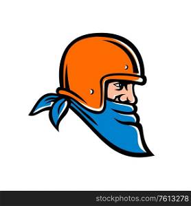 Mascot icon illustration of head of a bandit, outlaw biker wearing bandana or bandanna and motorbike helmet viewed from side on isolated background in retro style.. Bandit Biker Wearing Bandana and Helmet Mascot