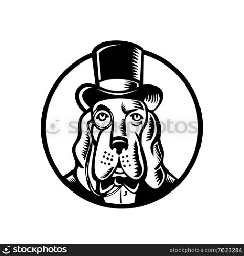 Mascot icon illustration of head of a basset hound wearing monocle glass and top hat, high hat, or topper viewed from front on isolated background in retro woodcut style.. Basset Hound Wearing Monocle and Top Hat Circle Black and White