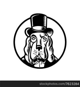 Mascot icon illustration of head of a basset hound wearing monocle glass and top hat, high hat, or topper viewed from front on isolated background in retro woodcut style.. Basset Hound Wearing Monocle and Top Hat Circle Black and White