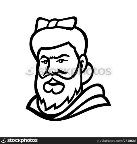 Mascot icon illustration of head of a bearded lady or bearded woman, a woman with a visible beard that is featured as a circus curiosity viewed from front on isolated background in retro black and white style.. Head of a Bearded Lady Mascot Black and White