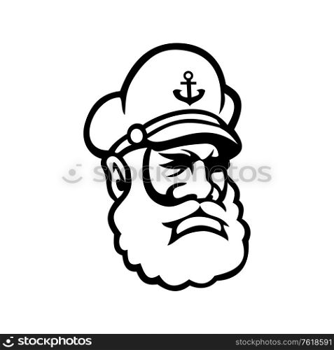 Mascot icon illustration of head of a black skipper or sea captain, ship&rsquo;s captain, captain, master, or shipmaster, a mariner in command of merchant isolated background in retro black and white style.. Sea Captain Old Sea Dog or Skipper Mascot Black and White