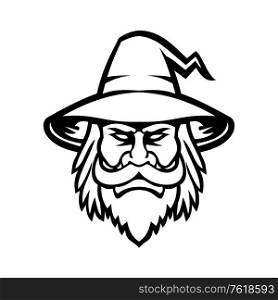 Mascot icon illustration of head of a black wizard, sorcerer or magician, a practitioner of magic and witchcraft wearing a pointed hat viewed from front on isolated background in retro style.. Black Wizard Sorcerer or Magician Head Mascot Black and White