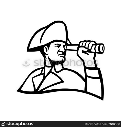 Mascot icon illustration of head of a British admiral of the fleet looking thru a telescope viewed from side on isolated background in retro black and white style.. British Admiral Looking Thru Telescope Mascot Black and White