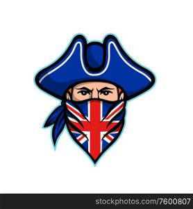 Mascot icon illustration of head of a British highwayman, a robber, bandit or outlaw who stole from travellers wearing a Union Jack bandana viewed from front on isolated background in retro style.. British Highwayman Wearing Bandana Mascot