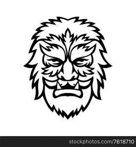 Mascot icon illustration of head of a circus wolfman or wolfboy, a circus freak or curiosity viewed from front on isolated background in retro black and white style.. Circus Wolfman or Wolfboy Head Mascot Black and White