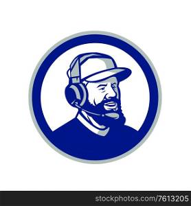 Mascot icon illustration of head of a coach with beard, baseball cap and wearing headphones or headset looking forward to side set inside circle on isolated white background in retro style.. Coach with Beard and Headphones Circle Retro
