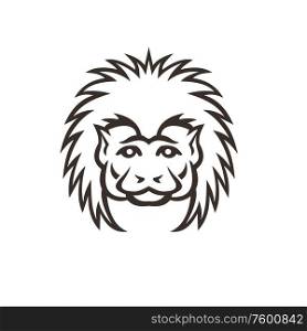 Mascot icon illustration of head of a cotton top tamarin monkey viewed from front on isolated background in retro style done in black and white.. Cotton Top Tamarin Monkey Head Mascot