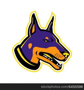 Mascot icon illustration of head of a Dobermann or Doberman Pinscher, a medium-large breed of domestic dog originally developed as guard dog on isolated background in retro style.. Doberman Pinscher Dog Mascot