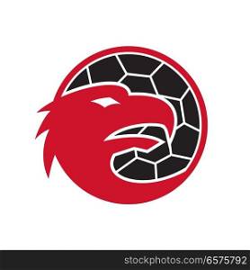 Mascot icon illustration of head of a European eagle inside handball ball viewed from side on isolated background in retro style in red, black and white. . European Eagle Handball Mascot