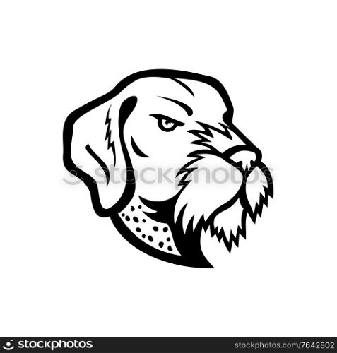 Mascot icon illustration of head of a German Wirehaired Pointer, a medium to large-sized griffon type breed of dog viewed from side on isolated background in retro black and white style.. Head of German Wirehaired Pointer Mascot Black and White
