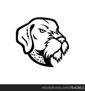 Mascot icon illustration of head of a German Wirehaired Pointer, a medium to large-sized griffon type breed of dog viewed from side on isolated background in retro black and white style.. Head of German Wirehaired Pointer Mascot Black and White