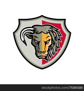 Mascot icon illustration of head of a half bull and half lion set inside crest or shield viewed from front on isolated background in retro style.. Half Bull Half Lion Head Shield Mascot