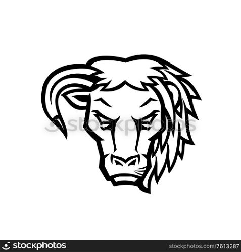 Mascot icon illustration of head of a half bull half lion viewed from front on isolated background in Black and White retro style.. Half Bull Half Lion Head Black and White