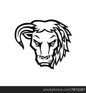 Mascot icon illustration of head of a half bull half lion viewed from front on isolated background in Black and White retro style.. Half Bull Half Lion Head Black and White