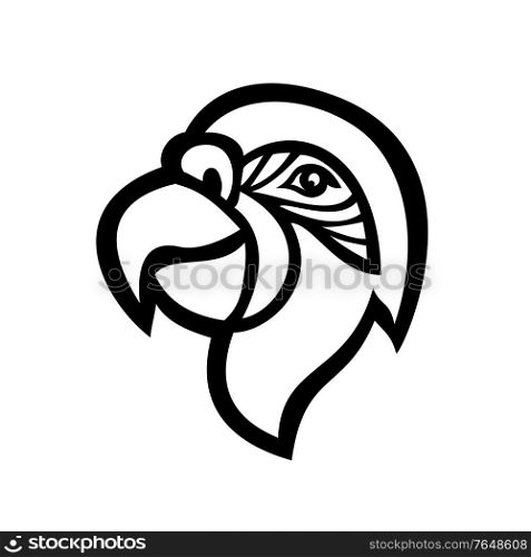 Mascot icon illustration of head of a Macaw parrot or psittacine bird mostly found tropical and subtropical regions viewed from side on isolated background in black and white retro style.. Head of Macaw Parrot Mascot Side View Black and White