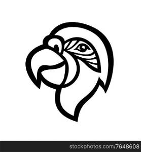 Mascot icon illustration of head of a Macaw parrot or psittacine bird mostly found tropical and subtropical regions viewed from side on isolated background in black and white retro style.. Head of Macaw Parrot Mascot Side View Black and White