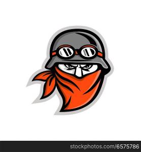 Mascot icon illustration of head of a male outlaw motorcycle club rider or biker wearing a vintage helmet, goggles and bandanna or scarf viewed from front on isolated background in retro style.. Motorcycle Club Outlaw Rider Wearing Bandanna Mascot