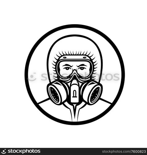 Mascot icon illustration of head of a medical professional, essential or industrial worker wearing a respiratory protective equipment, RPE viewed from front on isolated background in retro style.. Medical Professional Wearing RPE Mascot