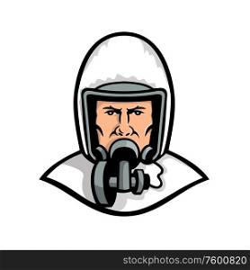 Mascot icon illustration of head of a medical professional, nurse, doctor, healthcare or essential worker wearing a PPE, protective personal equipment face mask front view in retro style.. Medical Worker Wearing Face Mask Mascot