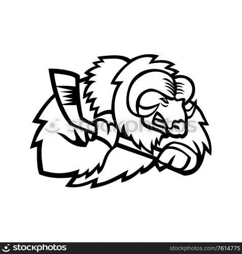 Mascot icon illustration of head of a muskox, musk ox or musk-ox, an Arctic hoofed mammal of the family Bovidae, with ice hockey stick viewed from side on isolated background in retro style.. Musk Ox Ice Hockey Player Mascot Black and White