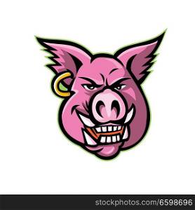 Mascot icon illustration of head of a pink wild pig, boar or hog wearing an earring viewed from front on isolated background in retro style.. Pink Pig Wearing Earring Mascot