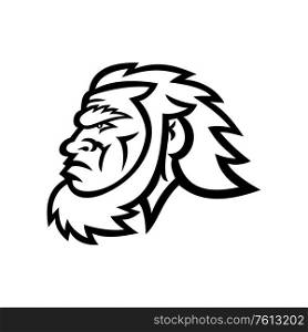 Mascot icon illustration of head of a primitive caveman, Cro-Magnon or neanderthal, an extinct species of archaic humans viewed from side in Black and White retro style.. Caveman Head Side Black and White