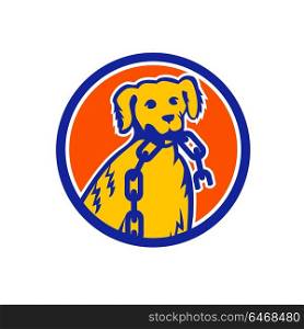 Mascot icon illustration of head of a retriever dog biting a broken chain link viewed from front set inside circle on isolated background in retro style.. Retriever Dog Biting Broken Chain Mascot