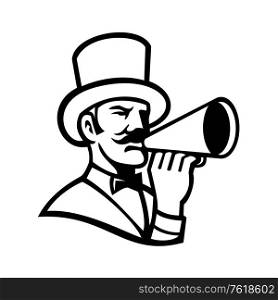 Mascot icon illustration of head of a ringmaster or ringleader, a master of ceremonies that introduces the circus acts, holding a bullhorn viewed from side done in retro black and white style.. Circus Ringleader or Ringmaster with Bullhorn Mascot Black and White