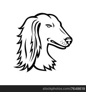 Mascot icon illustration of head of a Saluki, also known as Persian Greyhound or Tazi, a dog breed classed as a sighthound on isolated background in retro style.. Head of Saluki Tazi or Persian Greyhound Mascot Side View Retro Black and White