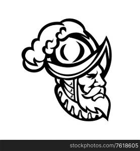 Mascot icon illustration of head of a Spanish Conquistador wearing a morion, type of open helmet hat used from the middle 16th to early 17th centuries, side view in retro black and white style.. Spanish Conquistador Wearing a Morion Mascot Black and White