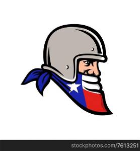 Mascot icon illustration of head of a Texan bandit, outlaw biker wearing bandana or bandanna and motorbike helmet with Texas Lone Star flag viewed from side on isolated background in retro style.. Texan Bandit Wearing Bandana Texas Flag Mascot