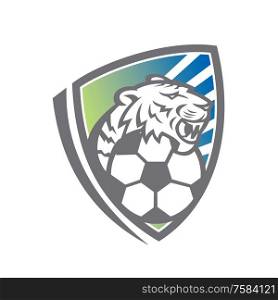 Mascot icon illustration of head of a tiger or big cat with soccer football ball set inside shield or crest viewed from front on isolated background in retro style.. Tiger Soccer Ball Shield