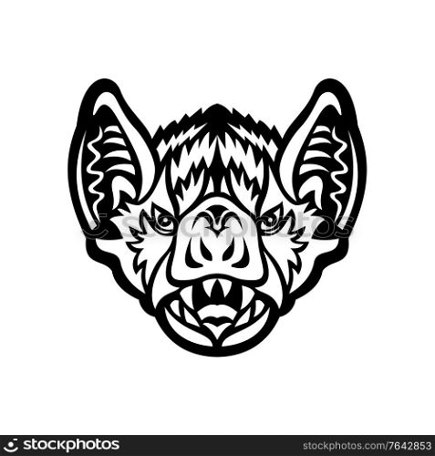 Mascot icon illustration of head of a Vampire bat, a bat specie native to the Americas viewed from front on isolated background in retro style.. Head of Vampire Bat or White-Winged Vampire Bat Front View Black and White Mascot