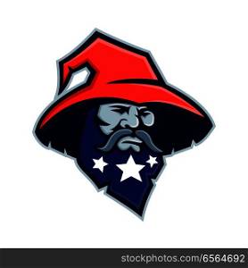 Mascot icon illustration of head of a warlock, wizard, sorcerer or magician with three stars on his beard wearing a pointy or pointed hat viewed from front on isolated background in retro style.. Warlock Stars on Beard Mascot